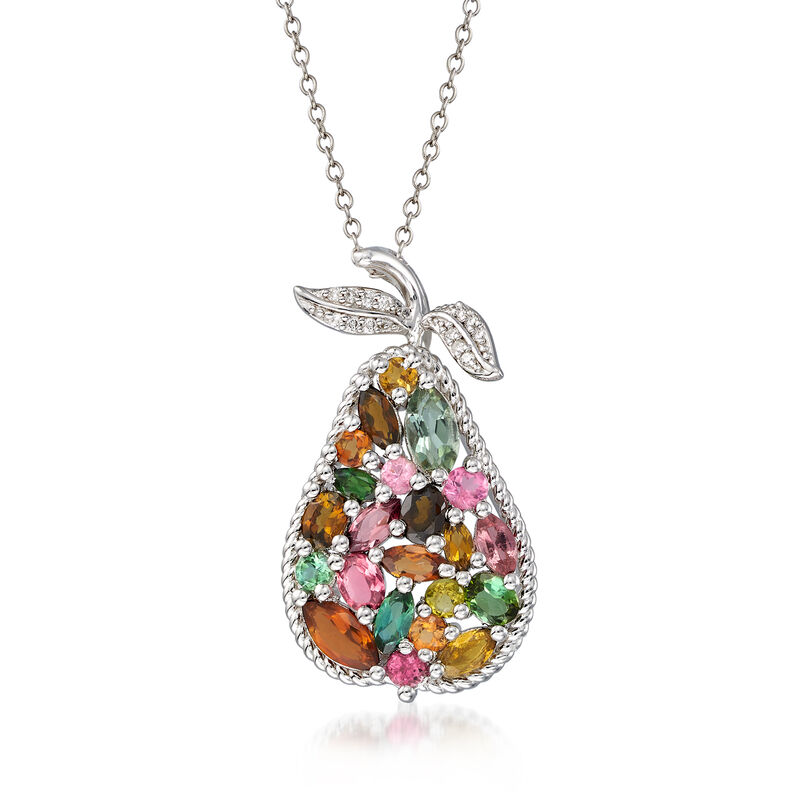 2.30 ct. t.w. Multicolored Tourmaline Pear Pendant Necklace with Diamond Accents in Sterling Silver. 18&quot; image number 1