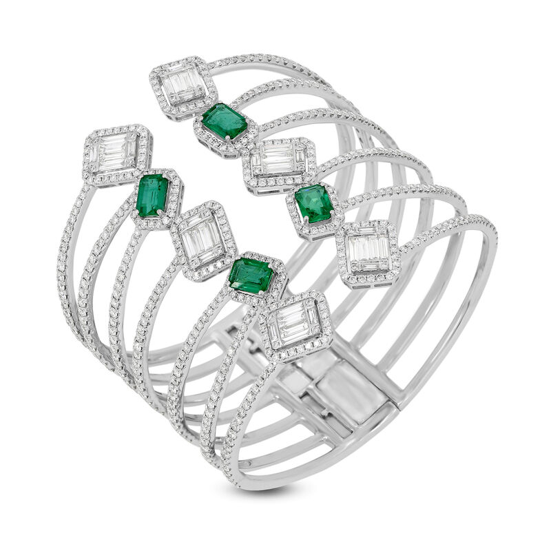 12.11 ct. t.w. Diamond and 4.90 ct. t.w. Emerald Open-Space Bangle Bracelet in 18kt White Gold image number 1