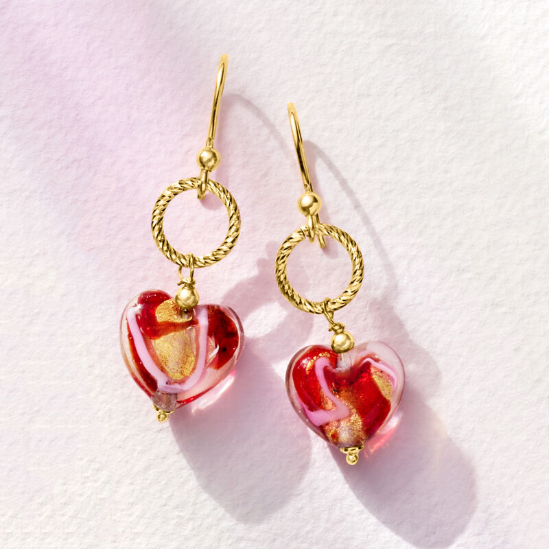 Italian Red and Pink Murano Glass Heart Drop Earrings in 18kt Gold Over Sterling image number 4