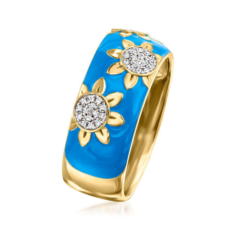 .10 ct. t.w. Diamond and Blue Enamel Flower Ring in 18kt Gold Over Sterling image number 2