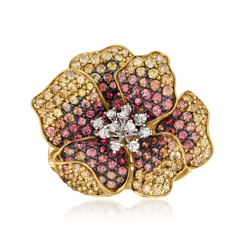 C. 1990 Vintage 3.50 ct. t.w. Multicolored Sapphire Flower Ring with .14 ct. t.w. Diamonds in 18kt Yellow Gold. Size 6.5 image number 0