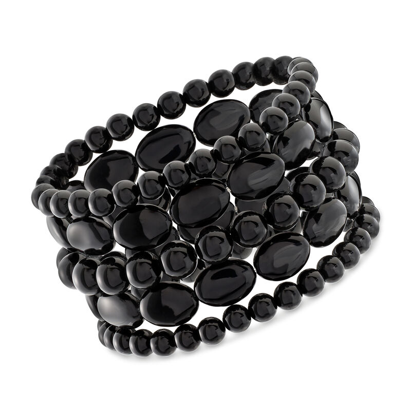 Black Agate Jewelry Set: Five Bead Stretch Bracelets image number 0