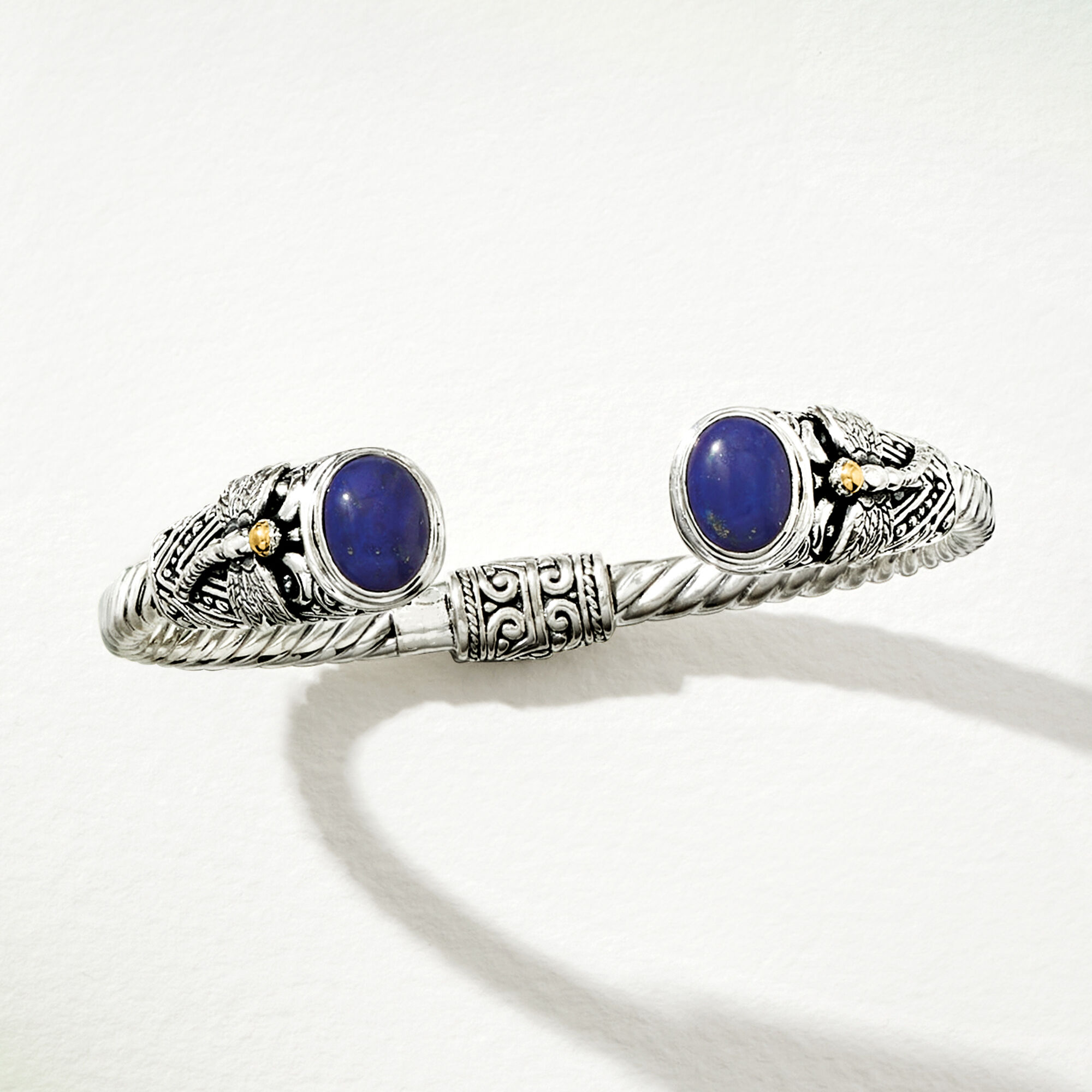 Lapis Bali Style Dragonfly Cuff Bracelet in Sterling Silver and 18kt Yellow Gold