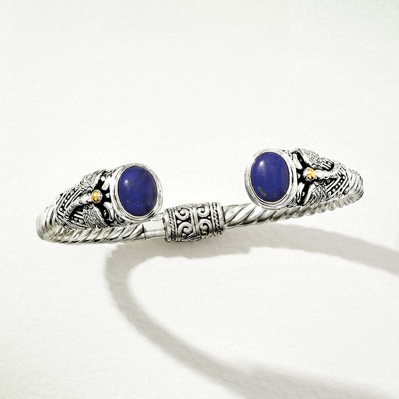 Lapis Bali-Style Dragonfly Cuff Bracelet in Sterling Silver and 18kt Yellow Gold image number 5
