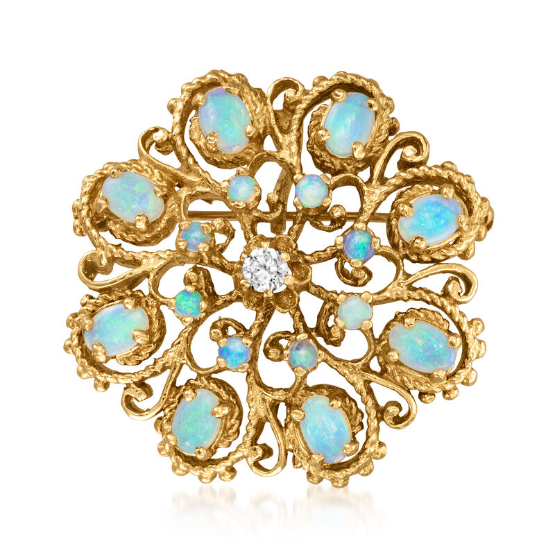 C. 1980 Vintage Opal and .20 Carat Diamond Pin/Pendant in 14kt Yellow Gold image number 0