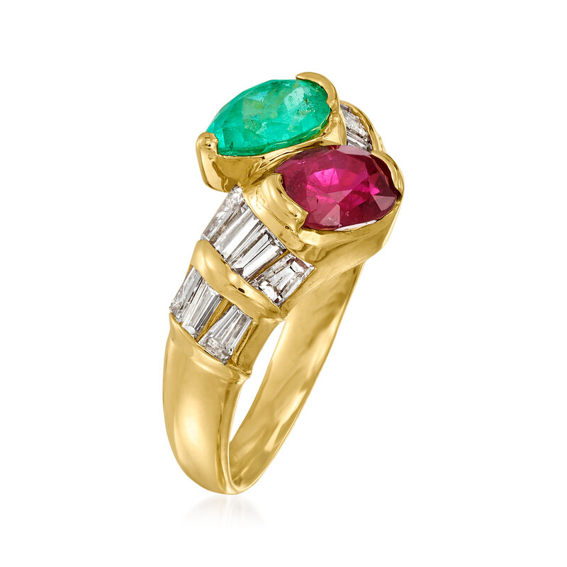 C. 2000 Vintage 1.37 Carat Ruby, .98 ct. t.w. Diamond and .78 Carat Emerald Bypass Ring in 18kt Yellow Gold. Size 6.5 image number 2