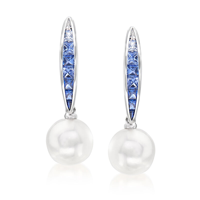 Mikimoto "Ocean" 8mm A+ Akoya Pearl and .90 ct. t.w. Sapphire Drop Earrings in 18kt White Gold image number 0
