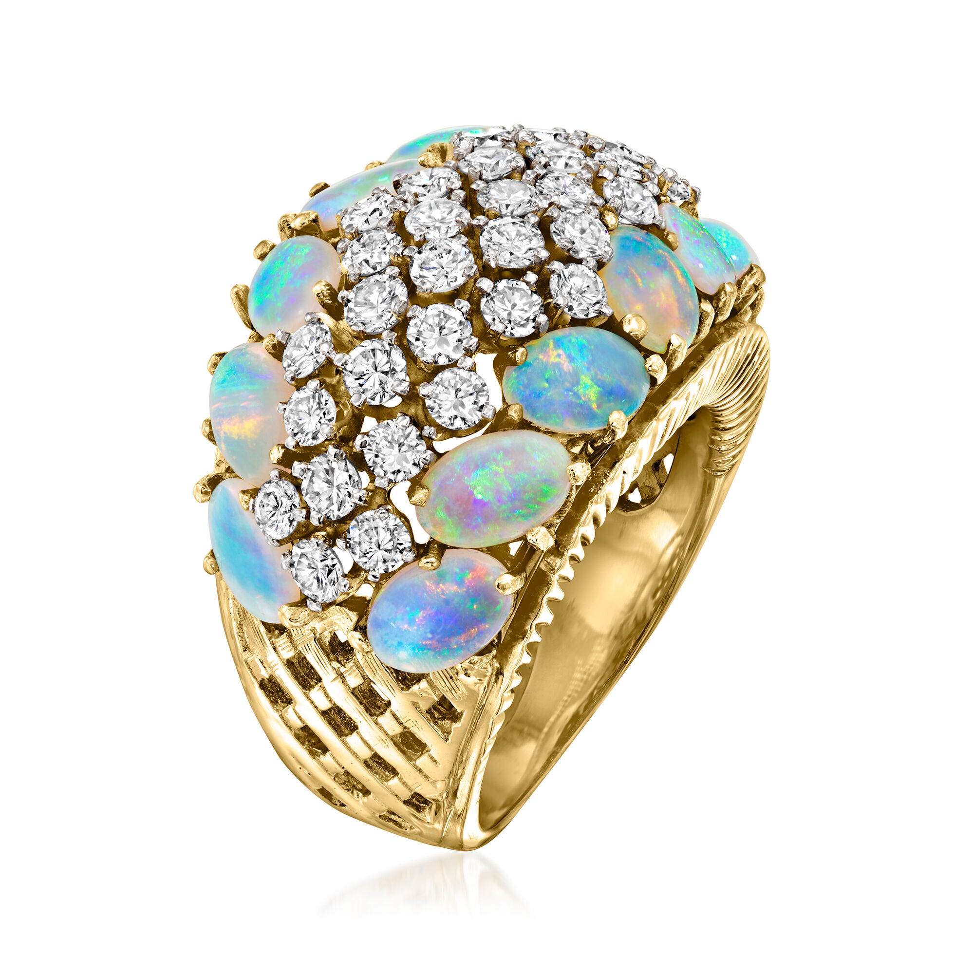 C. 1980 Vintage Opal and 2.25 ct. t.w. Diamond Basketweave Ring in 14kt  Yellow Gold. Size