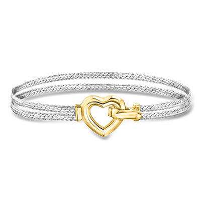 Silver and 14kt Gold-Plated Two-Strand Cuban-Link Heart Bracelet