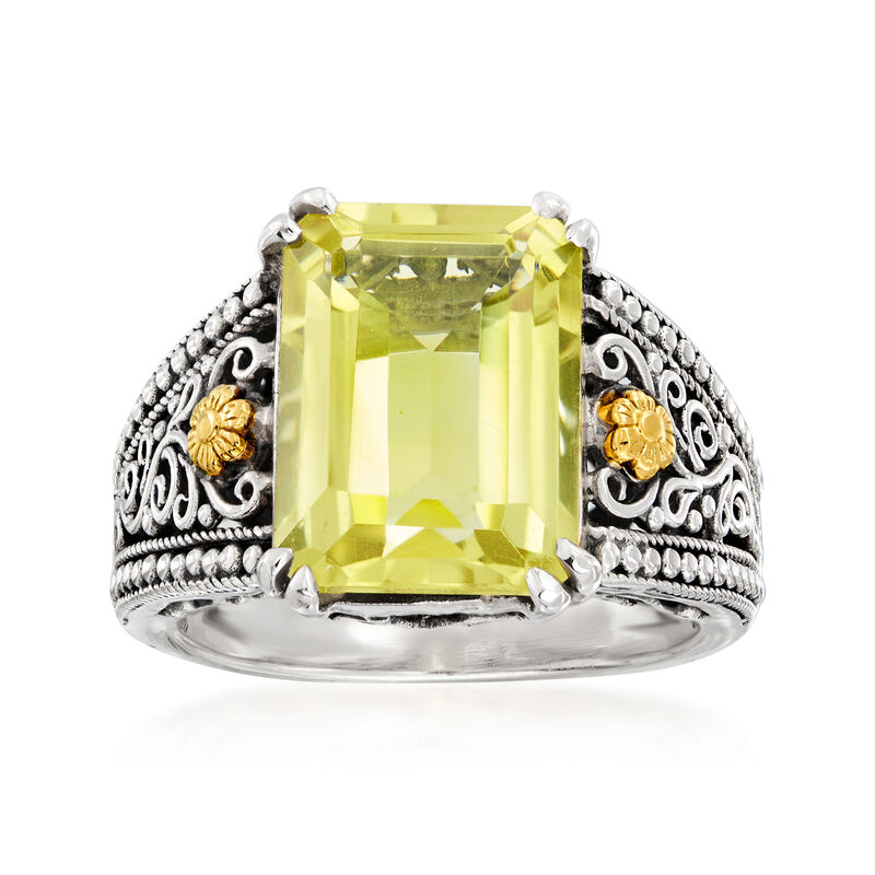6.50 Carat Lemon Quartz Scroll Ring in Sterling Silver with 18kt Yellow Gold image number 0