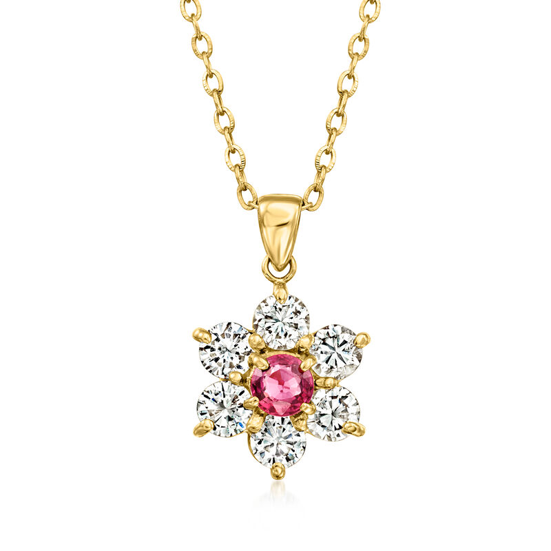 C. 1990 Vintage .24 Carat Ruby and .79 ct. t.w. Diamond Flower Pendant Necklace in 18kt Yellow Gold. 18" image number 0