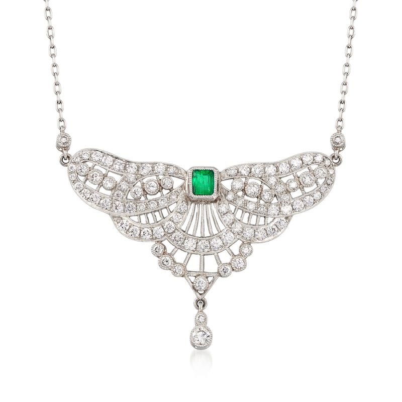 C. 1980 Vintage 2.75 ct. t.w. Diamond and .35 Carat Emerald Petite Bib Necklace in Platinum. 16&quot; image number 1