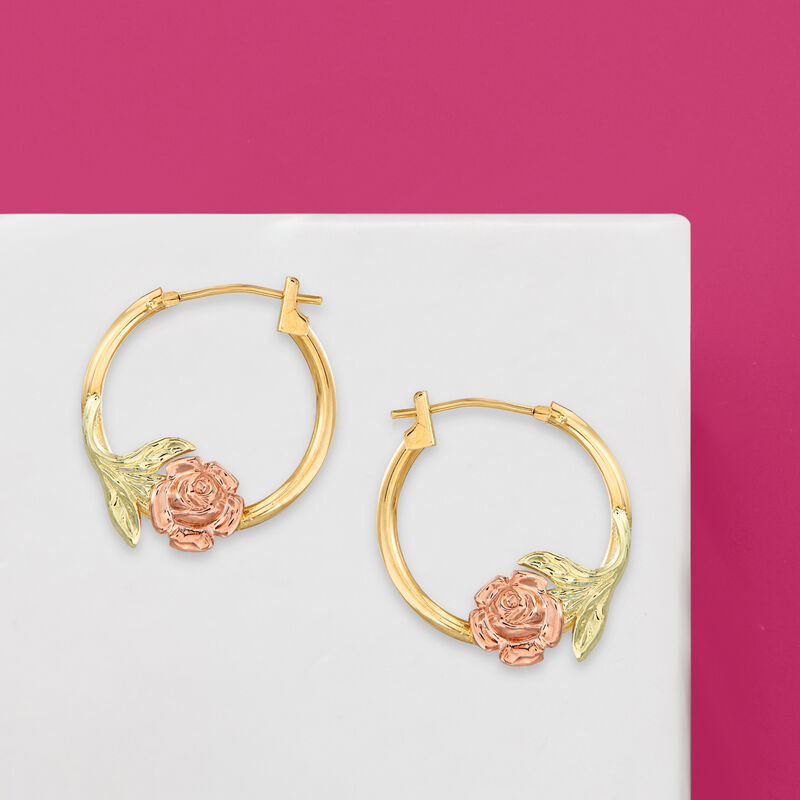14kt Two-Tone Gold Floral Hoop Earrings. 5/8&quot; image number 3