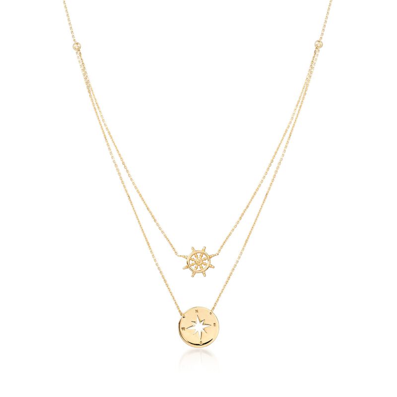 14kt Yellow Gold Nautical Helm Wheel and Compass Necklace image number 0