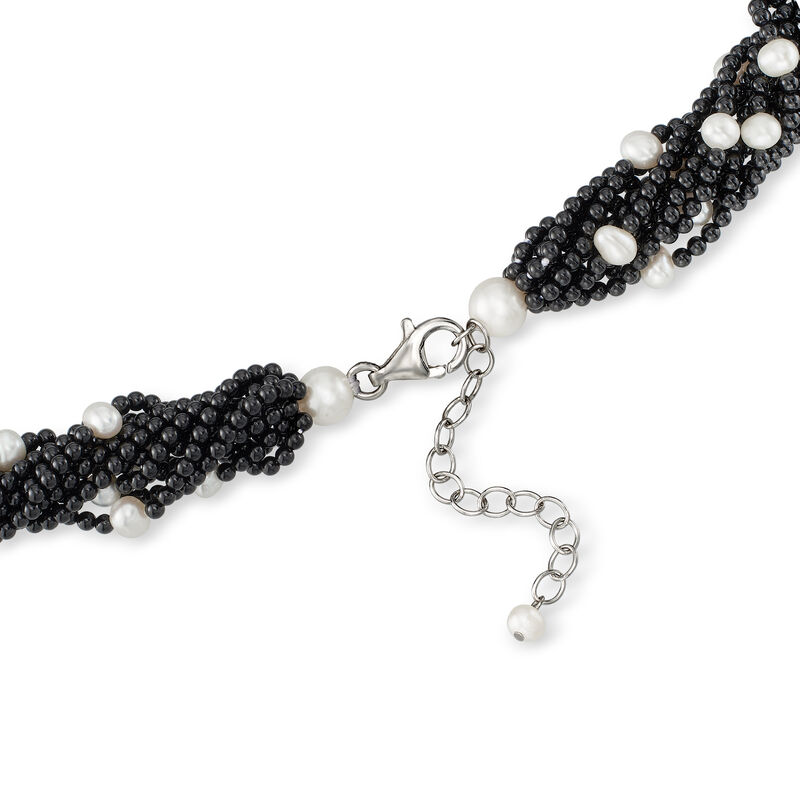5-7.5mm Cultured Pearl and Black Onyx Torsade Necklace in Sterling Silver. 18&quot; image number 2