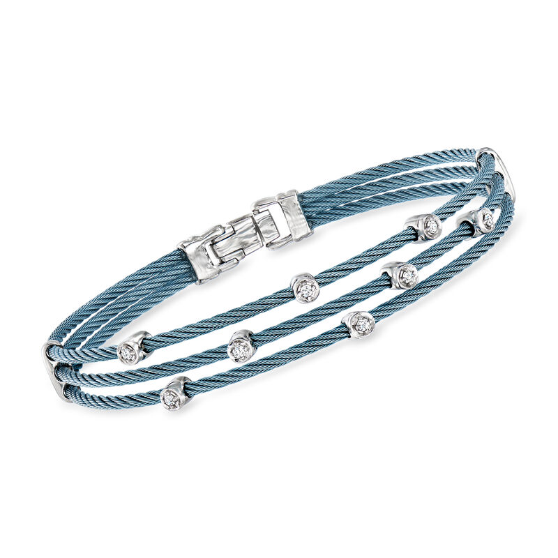 ALOR Caribbean Blue Stainless Steel Three-Strand Cable Bracelet with .17 ct. t.w. Diamond Stations in 18kt White Gold. 7&quot; image number 0