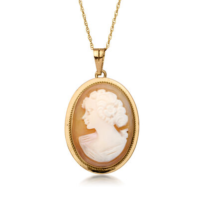 C. 1980 Vintage Left-Facing Brown Shell Cameo Pendant Necklace in 14kt Yellow Gold