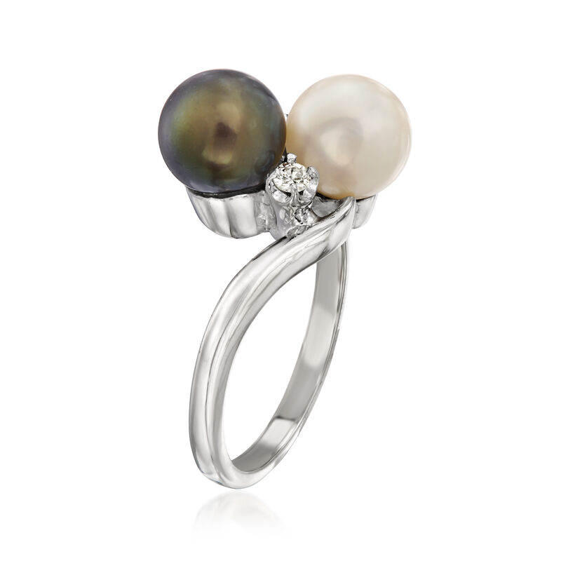 C. 1990 Vintage 8mm Black and White Cultured Pearl Bypass Ring with .14 ct. t.w. Diamonds in 14kt White Gold. Size 7 image number 2