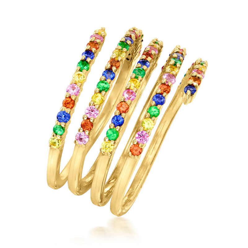 1.00 ct. t.w. Multicolored Sapphire and .20 ct. t.w. Tsavorite Wrap Ring in 18kt Gold Over Sterling image number 2