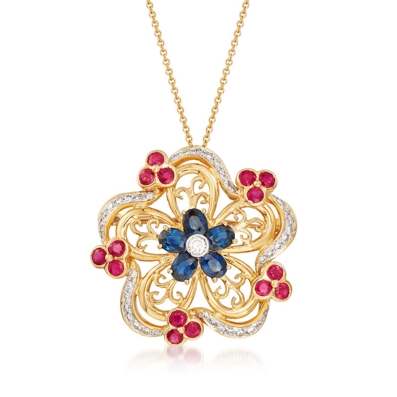 C. 1990 Vintage 4.35 ct. t.w. Multi-Gemstone Flower Pin Pendant Necklace in 18kt Yellow Gold image number 1