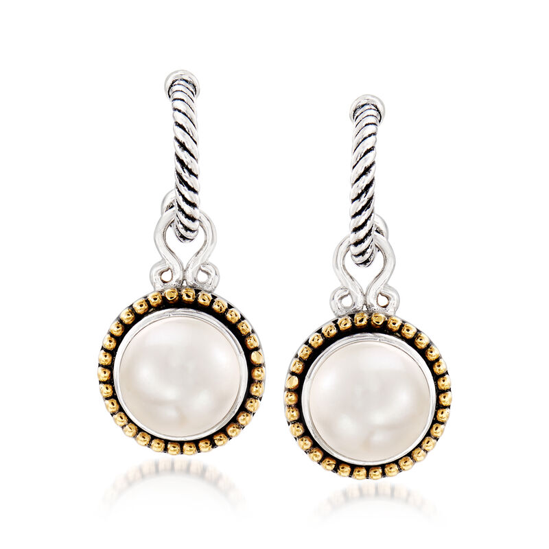 10mm Cultured Pearl J-Hoop Drop Earrings in Sterling Silver and 18kt Yellow Gold image number 0