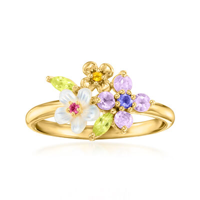 Mother-of-Pearl and .43 ct. t.w. Multi-Gemstone Flower Ring in 18kt Gold Over Sterling