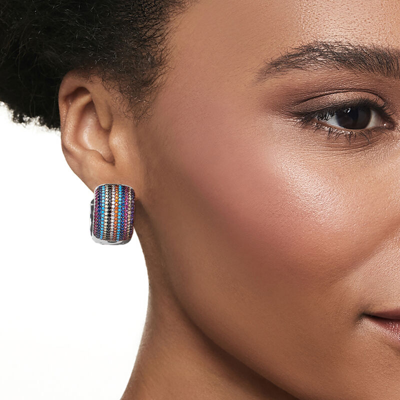 .90 ct. t.w. Simulated Multi-Gemstone and .50 ct. t.w. Multicolored CZs Hoop Earrings in Sterling Silver. 3/4&quot; image number 1