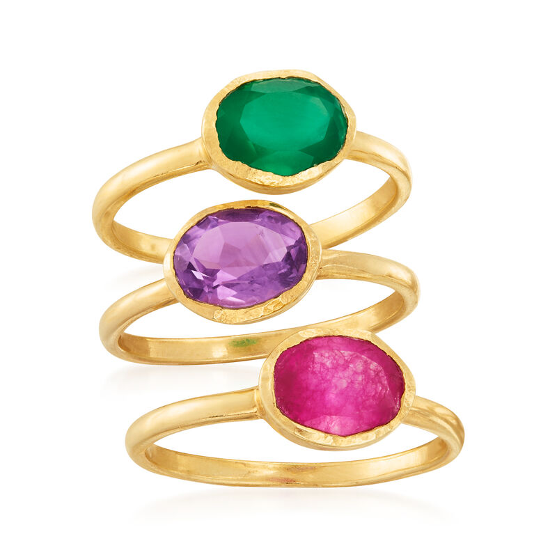 Pink Quartz, Green Chalcedony and Amethyst Jewelry Set: Three Rings in 18kt Gold Over Sterling image number 4
