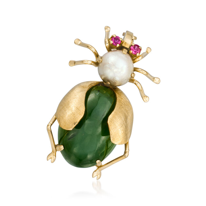C. 1940 Vintage 12.50 Carat Nephrite, 7.7mm Cultured Pearl and Ruby Bug Pin in 10kt Yellow Gold