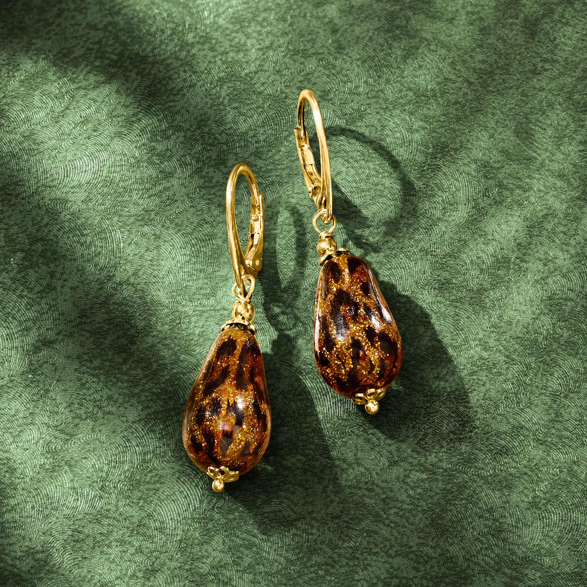 Italian Leopard Print Murano Glass Drop Earrings in 18kt Gold Over Sterling