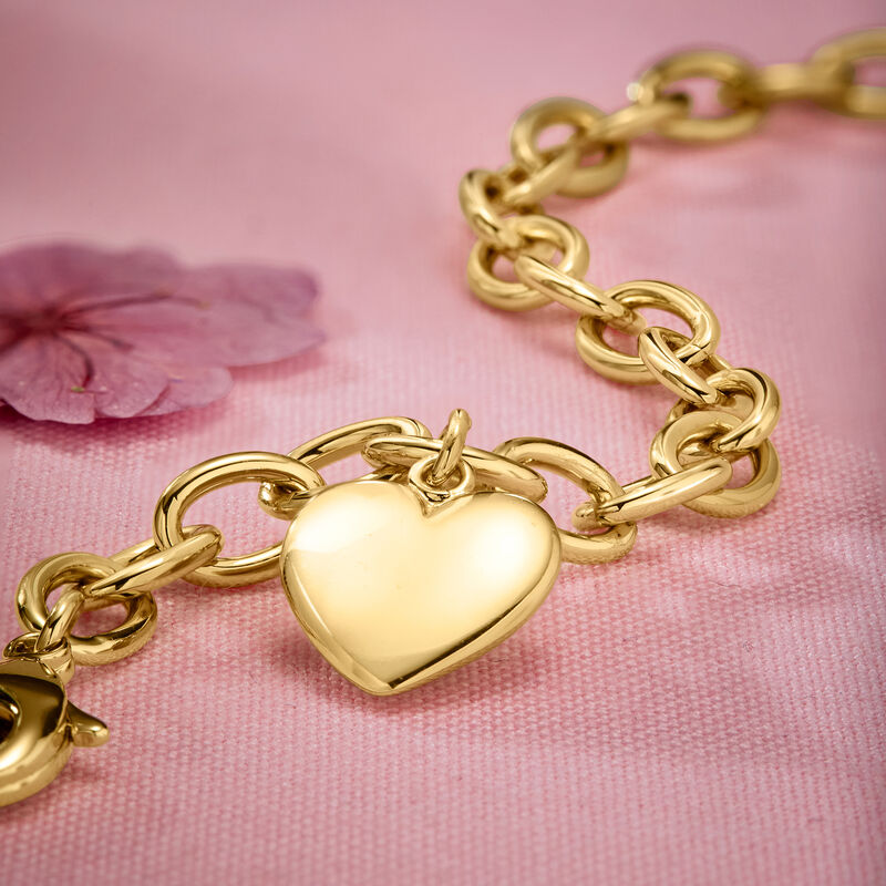 Italian 14kt Yellow Gold-Plated Heart Cable-Chain Bracelet. 7" image number 2