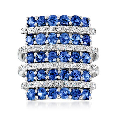 C. 1980 Vintage 1.50 ct. t.w. Sapphire and .44 ct. t.w. Diamond Multi-Row Ring in 18kt White Gold