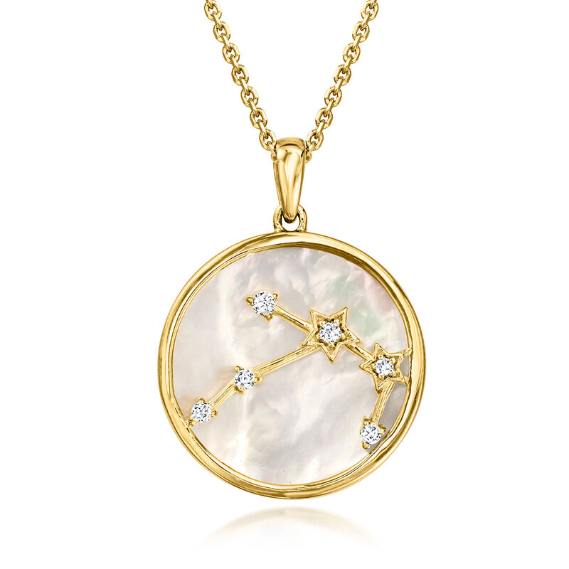 Aries - Mother-of-Pearl Zodiac Constellation Pendant Necklace with White Topaz in 18kt Gold Over Sterling. 18"  image number 0