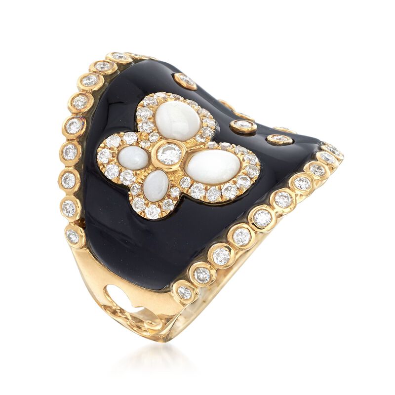 Black Onyx and White Agate Ring with Black Enamel and .70 ct. t.w. Diamonds in 18kt Yellow Gold image number 2