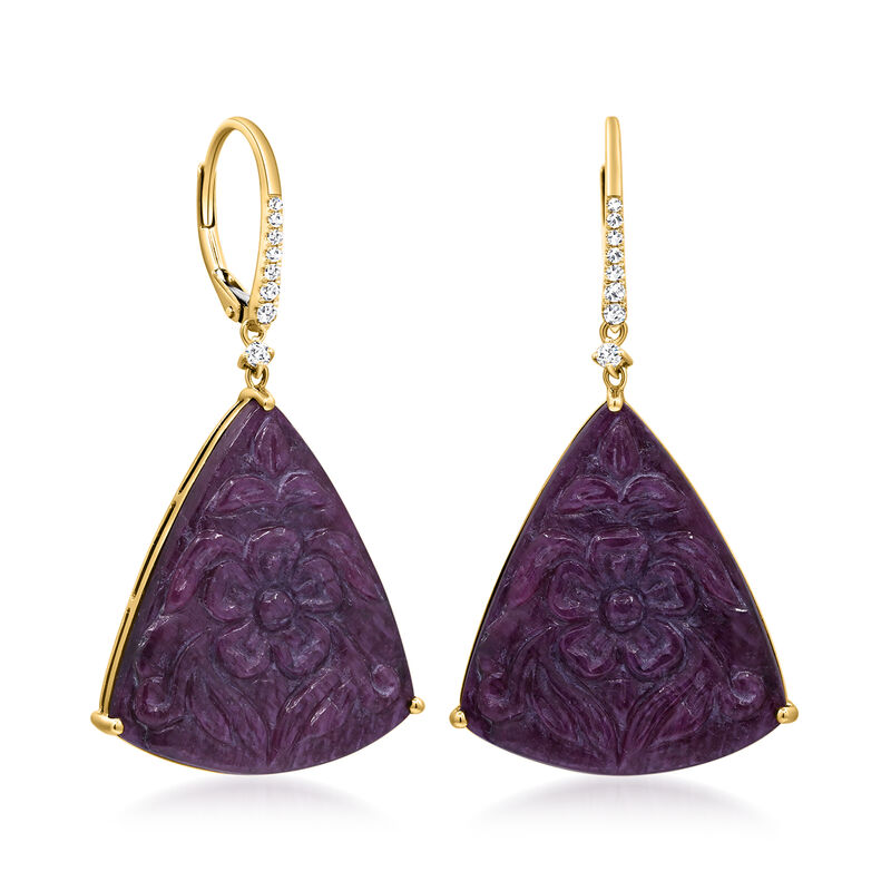 40.00 ct. t.w. Carved Ruby Drop Earrings with .18 ct. t.w. Diamonds in 14kt Yellow Gold  image number 0
