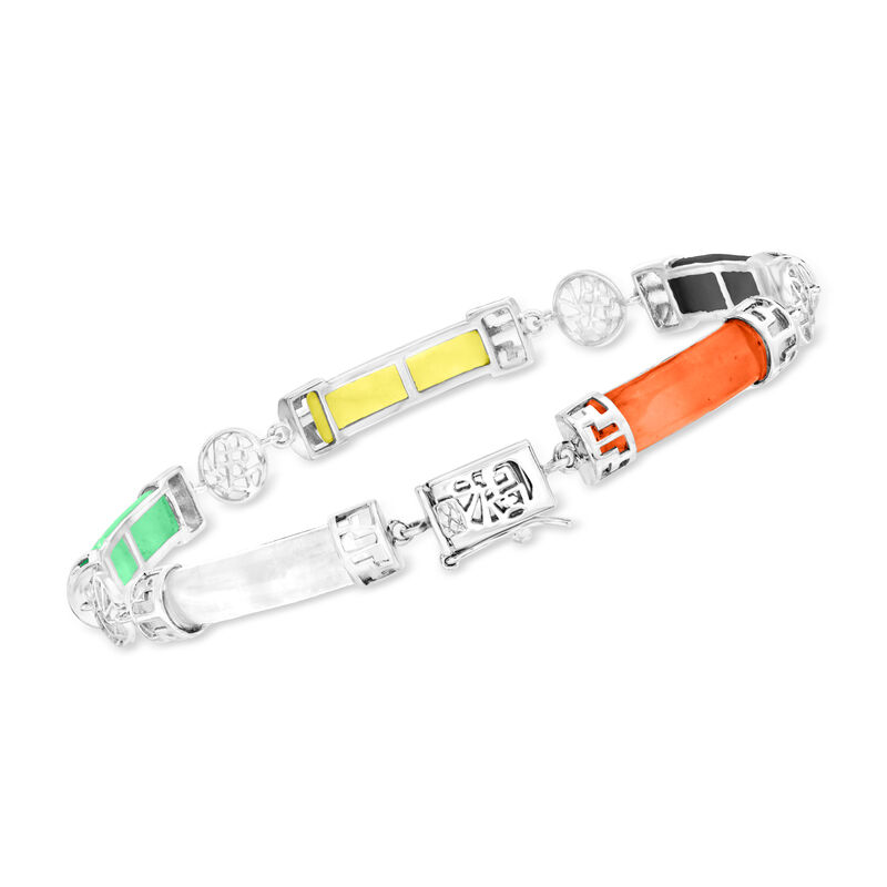 Multicolored Jade "Good Fortune" Bracelet in Sterling Silver image number 2