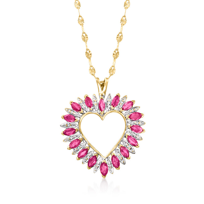 C. 1980 Vintage 2.20 ct. t.w. Ruby Heart Pendant Necklace with Diamond Accents in 14kt Yellow Gold image number 0