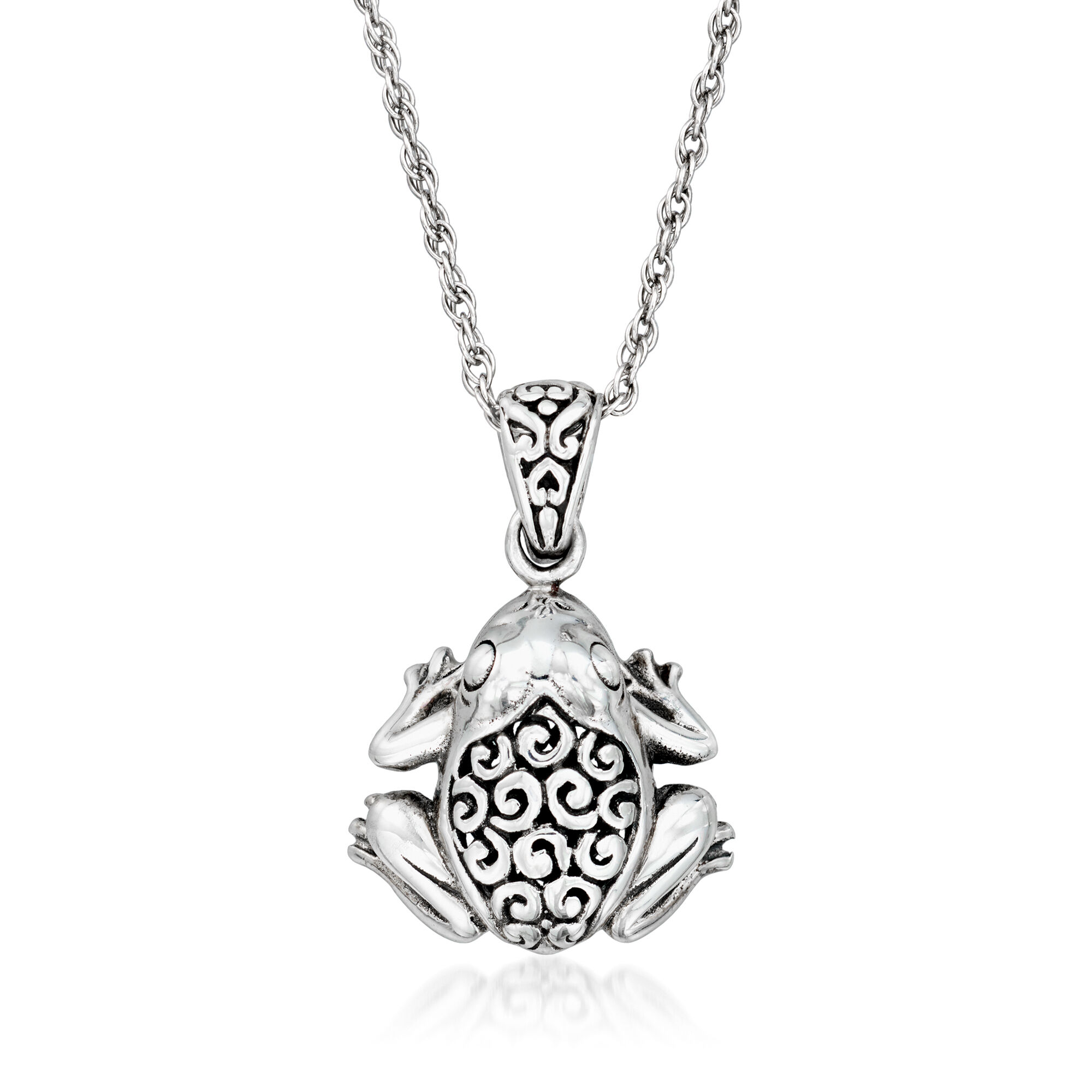 Sterling Silver Bali-Style Frog Pendant Necklace. 18