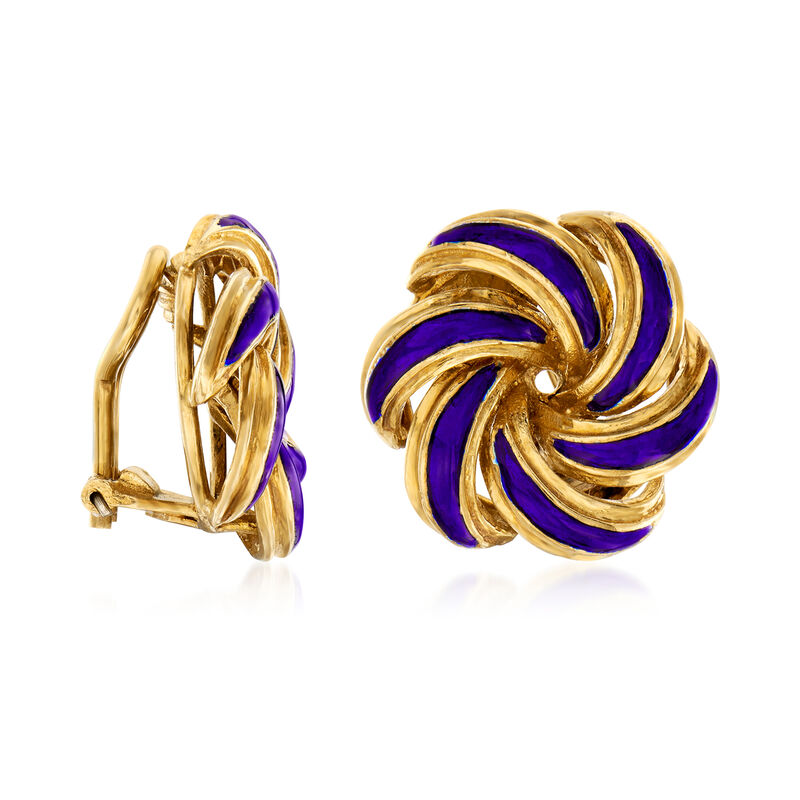 C. 1950 Vintage 18kt Yellow Gold and Blue Enamel Swirl Clip-On Earrings image number 2