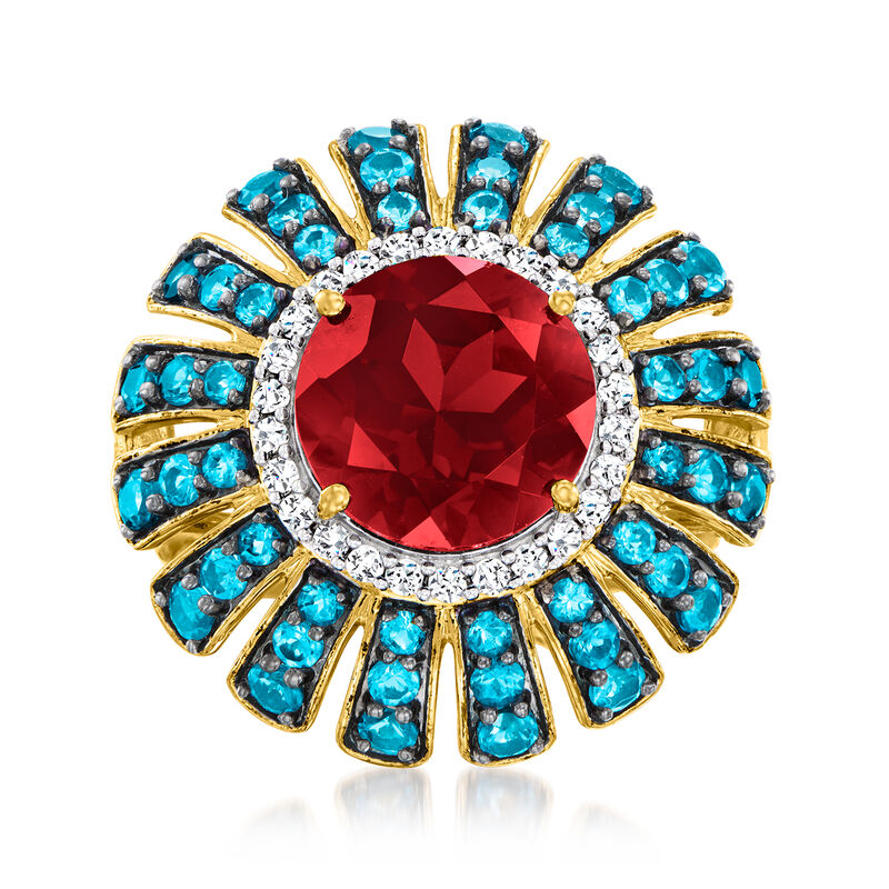 4.90 Carat Garnet and 1.60 ct. t.w. London Blue Topaz Ring with .40 ct. t.w. White Zircons in 18kt Gold Over Sterling image number 0