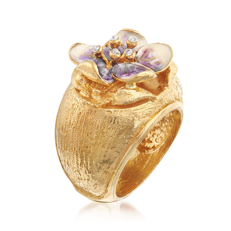 Italian Enamel and CZ Flower Ring in 18kt Yellow Gold Over Sterling Silver image number 2