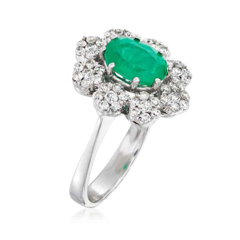 1.70 Carat Emerald and .84 ct. t.w. Diamond Flower Ring in 14kt White Gold. Size 6 image number 2