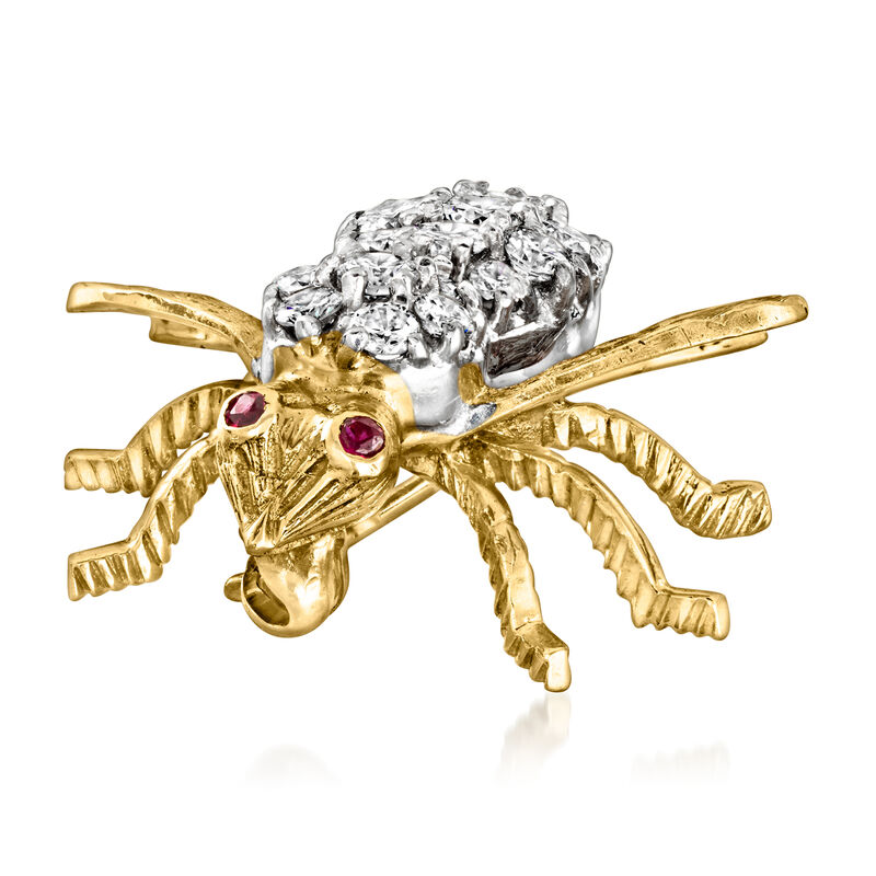 C. 1980 Vintage 1.00 ct. t.w. Diamond Bumblebee Pin with Rubies in 18kt Yellow Gold image number 2