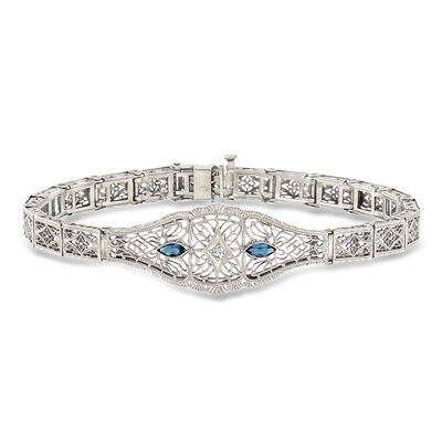 C. 1950 Vintage .20 ct. t.w. Synthetic Sapphire Filigree Bracelet with Single Diamond in 14kt White Gold