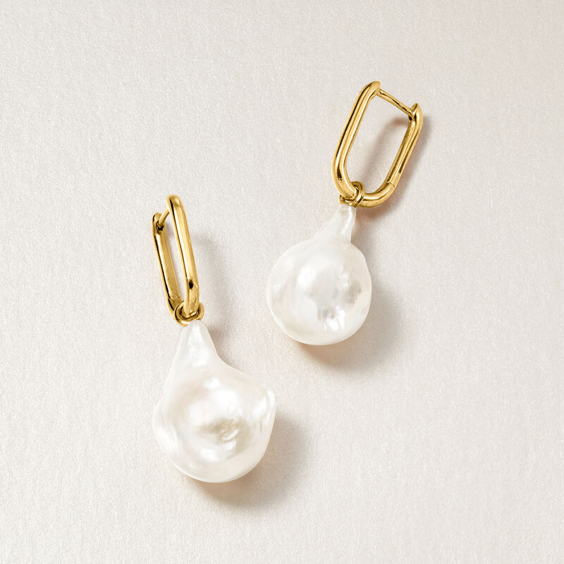 18kt Gold Over Sterling Hoop Earrings with Removable 10-13mm Cultured Baroque Pearl Drops image number 5
