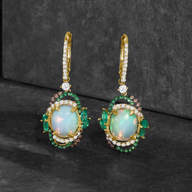 Opal Drop Earrings with .64 ct. t.w. Multicolored Diamonds and .70 ct. t.w. Multi-Gemstones in 14kt Yellow Gold image number 2