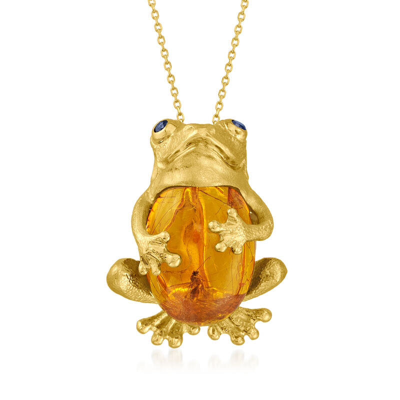 C. 1980 Vintage Amber Frog Pin/Pendant Necklace in 18kt Yellow Gold image number 0