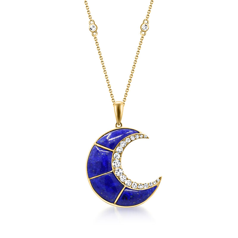 Lapis and .47 ct. t.w. Diamond Moon Pendant Necklace in 14kt Yellow Gold. 16&quot; image number 0