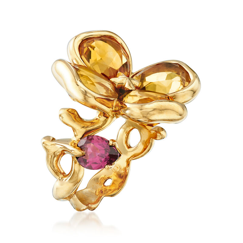 C. 2000 Vintage Chanel 7.00 ct. t.w. Citrine and 1.40 ct. t.w. Rhodolite Garnet Flower Ring in 18kt Yellow Gold. Size 6 image number 2