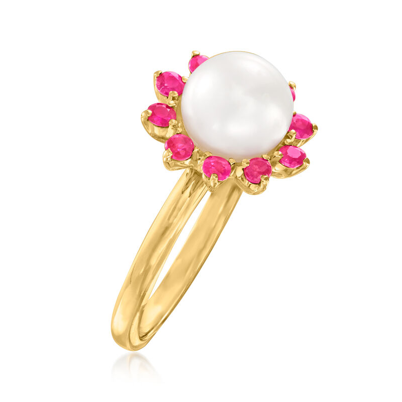 8-8.5mm Cultured Pearl Flower Ring with .40 ct. t.w. Rubies in 18kt Gold Over Sterling image number 2